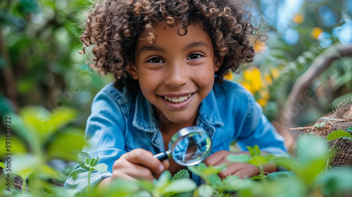 portrait of african american boy looking through magnifying glass in garden