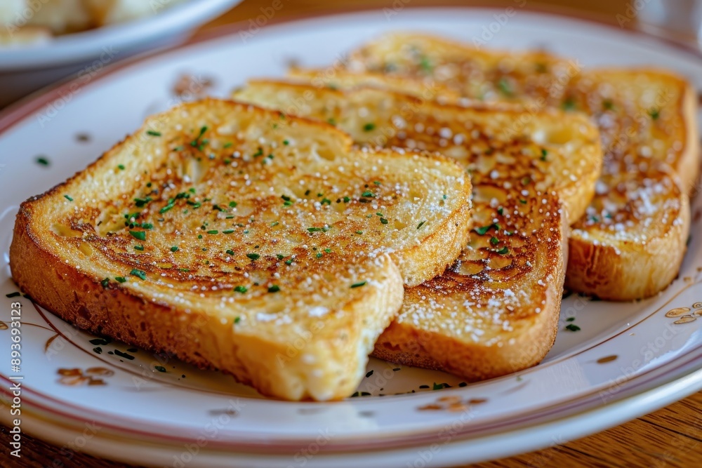 Focus on french toast made from bread soaked in eggs and milk and fried in a pan