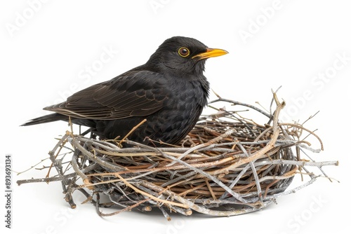 Focus stacking of a blackbird nest on white background