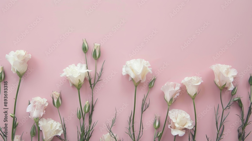 Obraz premium Eustoma flower border on pink background card template with space for text
