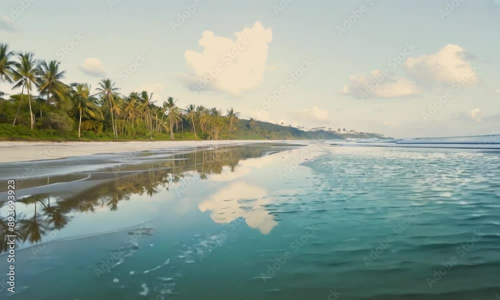 Idyllic beach shot. View of the coast of a wild, tropical, sandy beach surrounded by palm trees. Aerial view of sandy beach and ocean with waves.