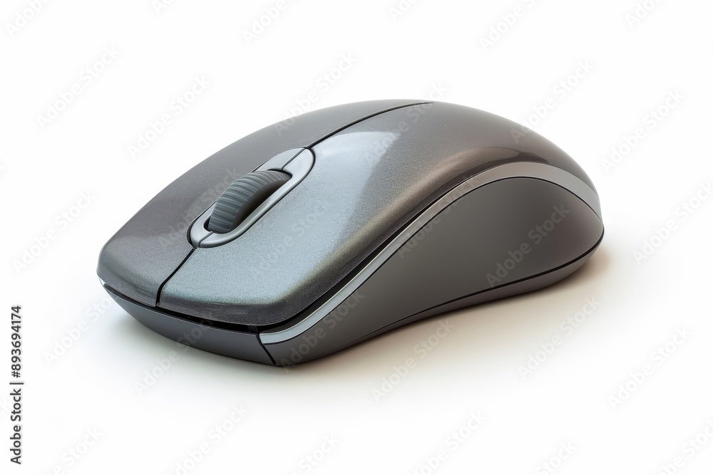 New grey wireless PC mouse closeup on white background isolated clean product shot no people input device concept New grey wireless PC mouse closeup on white background isolated clean product shot no people input device concept