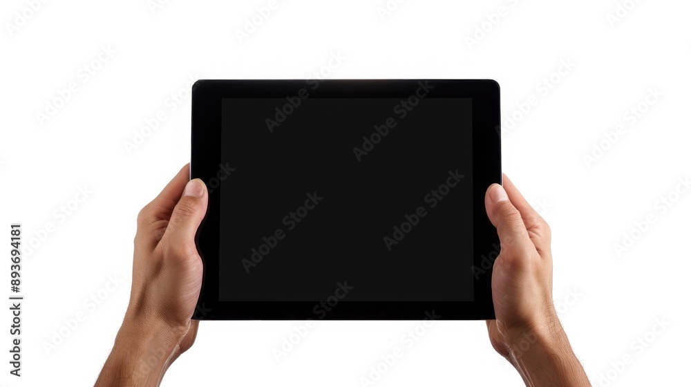 Modern tablet computer held by male hands on a white background Modern tablet computer held by male hands on a white background