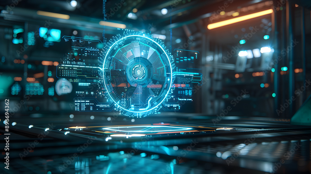 A futuristic AI security system with a floating holographic interface and scanning lasers