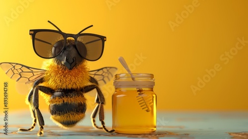 A 3D bee cartoon style in sunglasses stands next to a jar of honey.