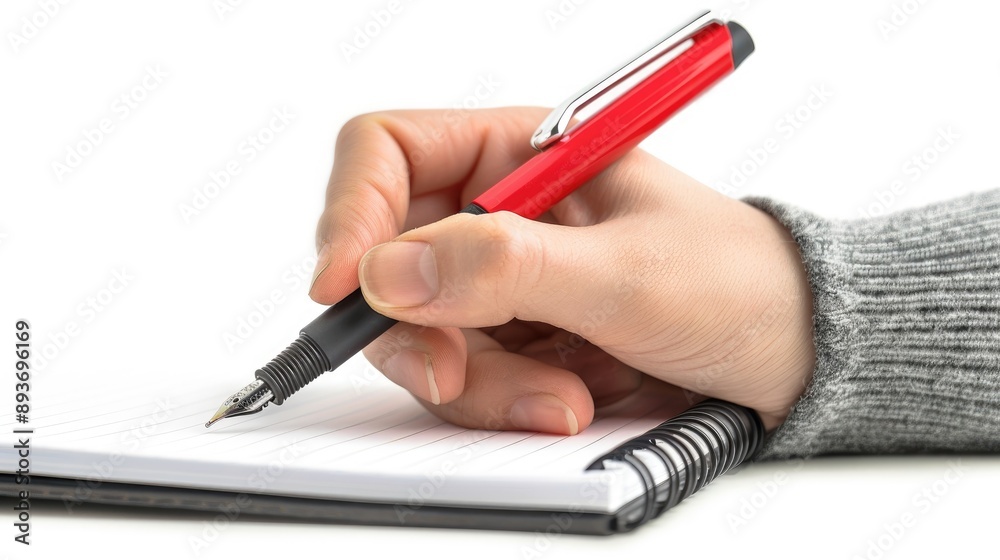 Education Concept Pen in Hand with Notebook on White Background Education Concept Pen in Hand with Notebook on White Background