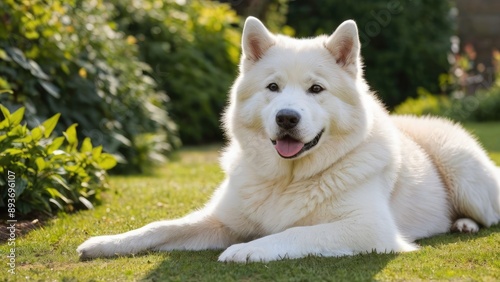 White alaskan malamute dog lying outside in the garden