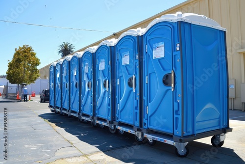 Portable restrooms with hand wash station for event including traditional and handicap options