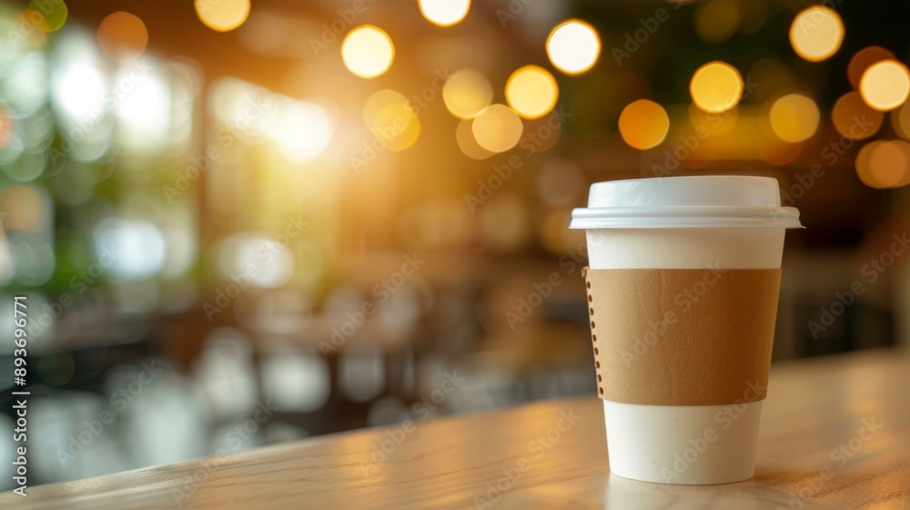 A coffee cup with a white lid sits on a wooden table in a cafe A coffee cup with a white lid sits on a wooden table in a cafe