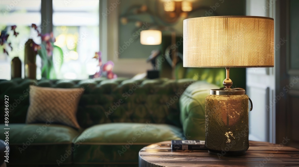 Round lamp on wooden table beside green couch in chic living room Round lamp on wooden table beside green couch in chic living room