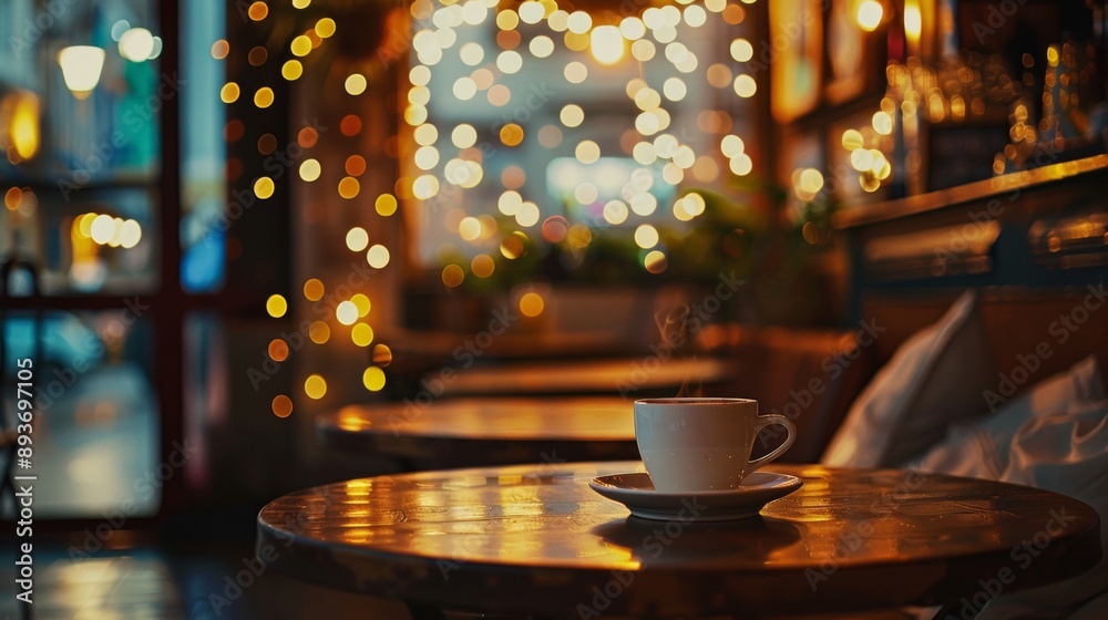 A coffee cup sits on a table in a dimly lit room A coffee cup sits on a table in a dimly lit room