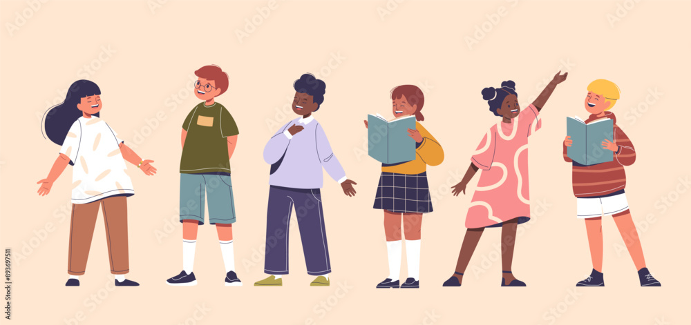 Cheerful Group Of Diverse Children Singing In A Choir. Kids Holding Books And Appear Joyful As They Sing Together Cheerful Group Of Diverse Children Singing In A Choir. Kids Holding Books And Appear Joyful As They Sing Together