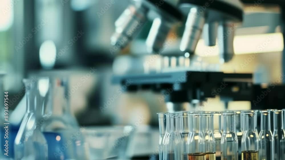 A scientific laboratory setting featuring a close-up of a microscope with various glass beakers in the background. The setting is modern, well-lit, and appears during the daytime. This scene A scientific laboratory setting featuring a close-up of a microscope with various glass beakers in the background. The setting is modern, well-lit, and appears during the daytime. This scene