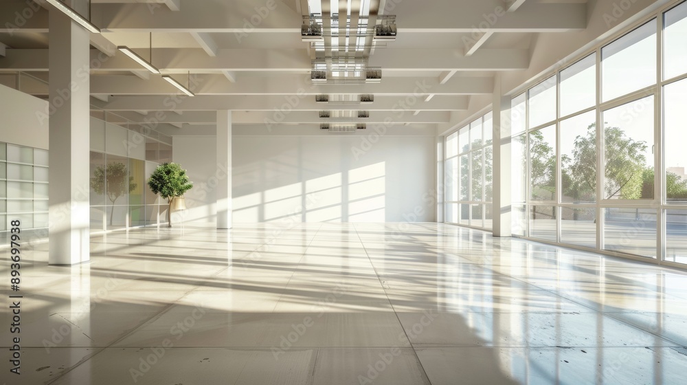 Fototapeta premium A large, empty room with a potted plant in the corner