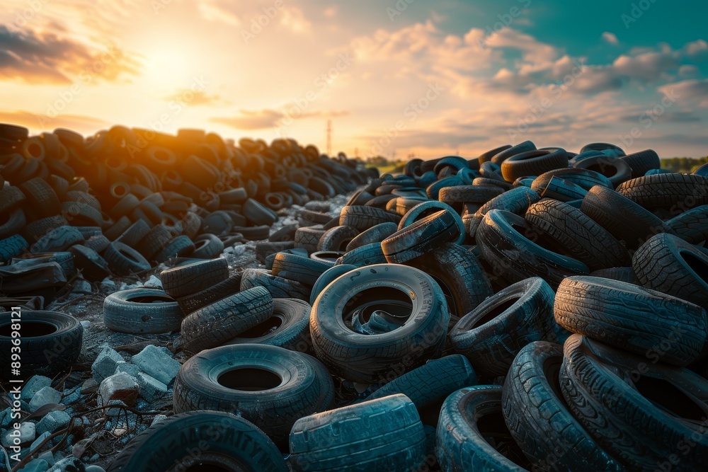 Fototapeta premium Recycle waste tires for reuse Old wheels dumped for recycling Dispose of waste tires Free space