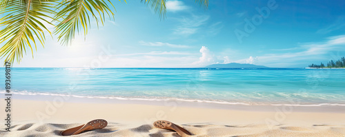 Holiday concept with summer beach blue sky an green palms.  Flip flops in sand .