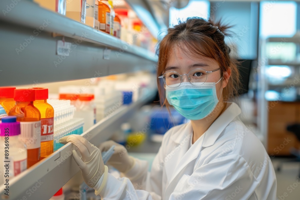 A focused scientist works in a laboratory, organizing colorful bottles and wearing a mask for safety and hygiene. A focused scientist works in a laboratory, organizing colorful bottles and wearing a mask for safety and hygiene.