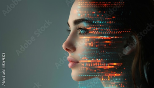 A futuristic portrait of a woman with digital elements, showcasing the intersection of technology and human beauty. photo