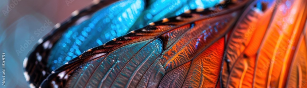 Obraz premium A close-up of a butterfly's wing, highlighting the vibrant colors and fine patterns of the scales