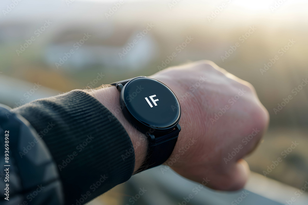 Fototapeta premium Intermittent fasting or IF concept, ketogenic diet, a wearable device tracking a person's on hand with word 