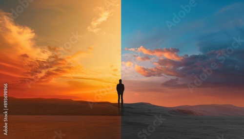 A silhouette of a person standing between two contrasting skies at sunset and dawn, symbolizing choices and duality in life.