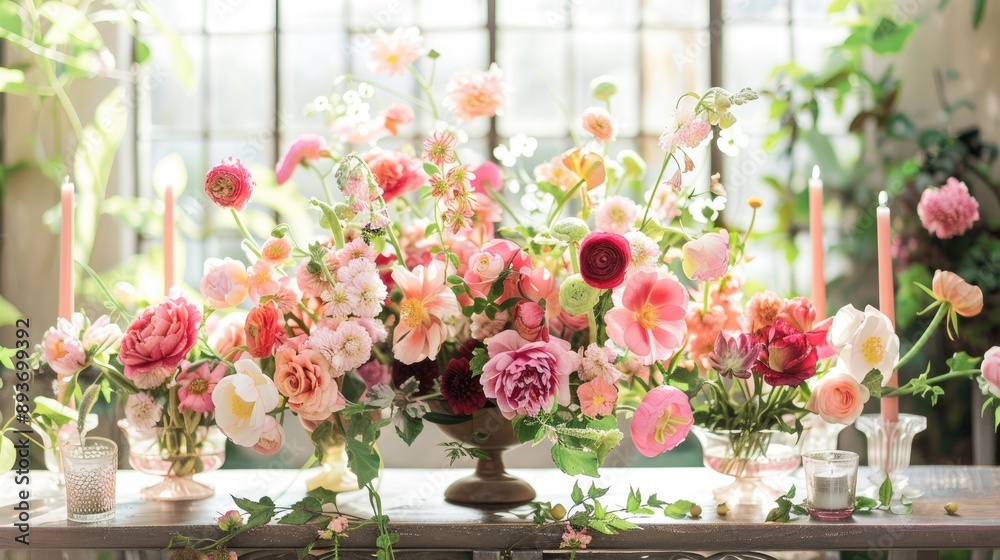 Blooming flower arrangements on a table Blooming flower arrangements on a table