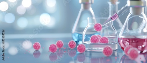 Colorful laboratory scene featuring flasks and vibrant spheres, ideal for science and chemistry projects.