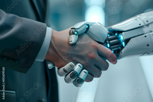 Using robot and AI helps in doing business and investing, close-up of a businessman shaking hand with a robot in agreement