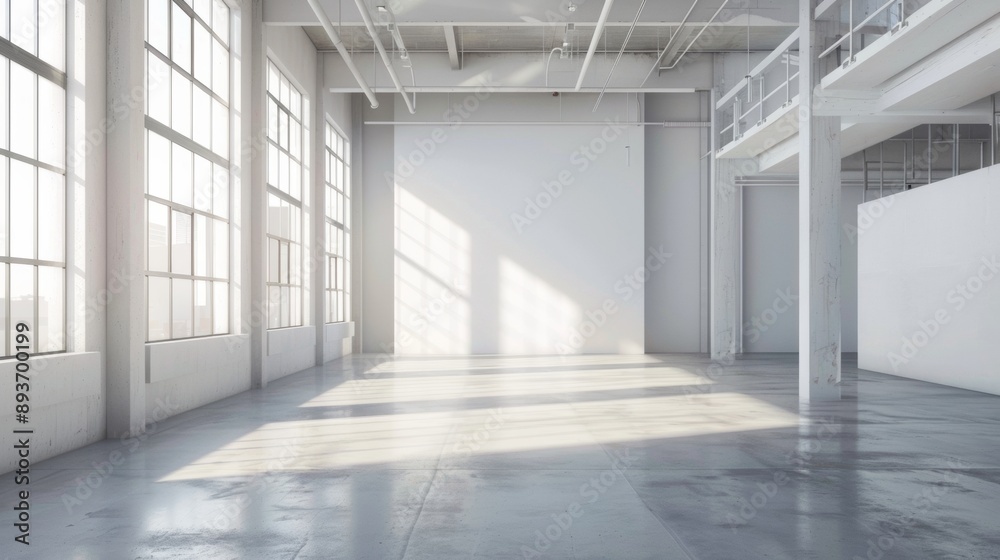 A large, empty room with white walls and a white ceiling A large, empty room with white walls and a white ceiling