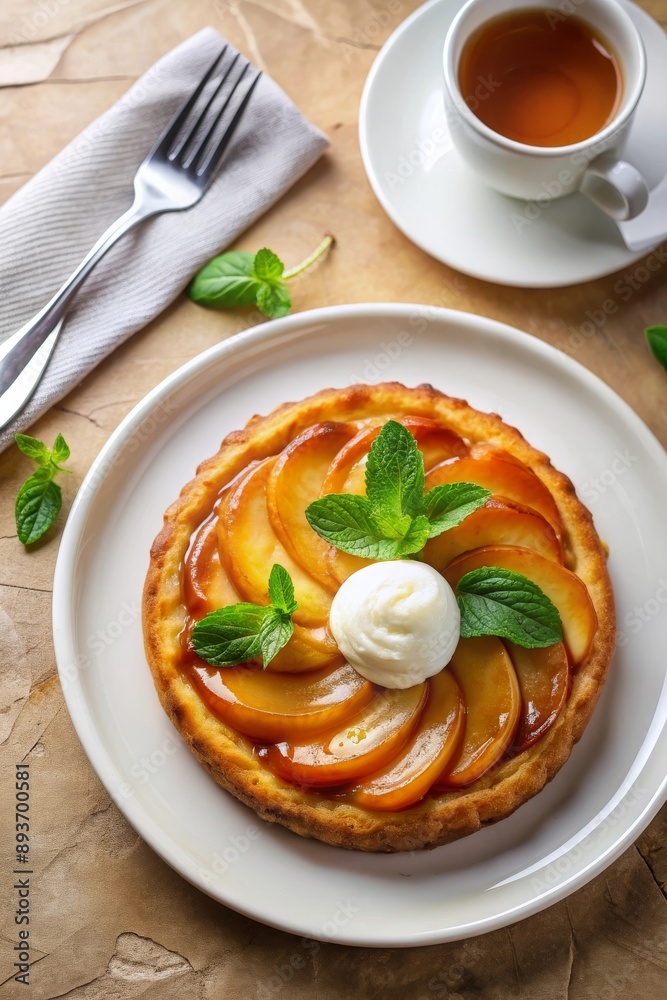 Elegant apple tart with caramel glaze, topped with a scoop of cream and fresh mint. Served with a cup of tea. Elegant apple tart with caramel glaze, topped with a scoop of cream and fresh mint. Served with a cup of tea.