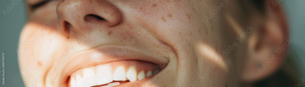 Obraz premium A close-up of a person's beaming smile, with bright eyes and a look of pure contentment, expressing the emotion of bliss
