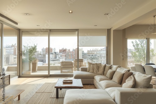 Living room with a large window overlooking the city.