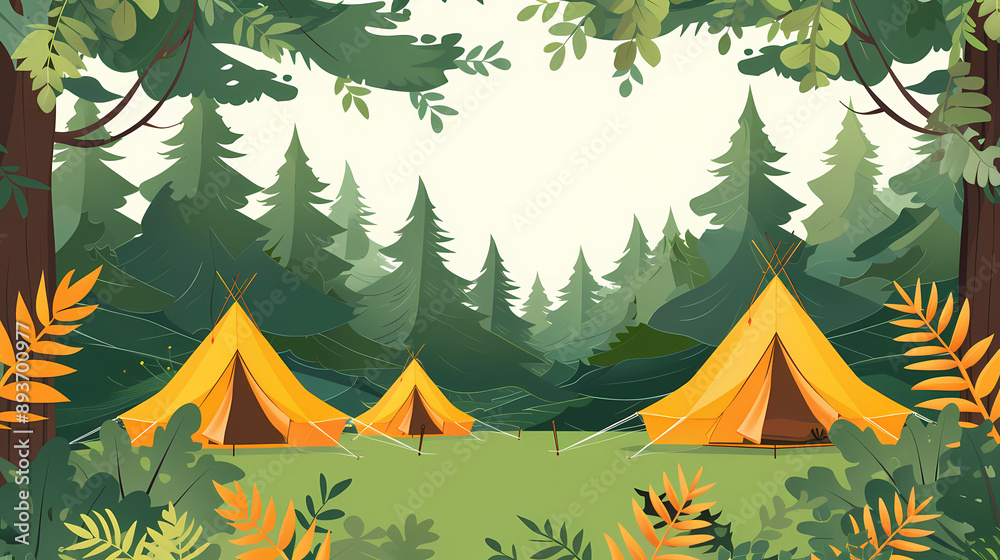 Scenic campsite with orange tents pitched in a lush forest clearing, surrounded by towering evergreen trees. Scenic campsite with orange tents pitched in a lush forest clearing, surrounded by towering evergreen trees.