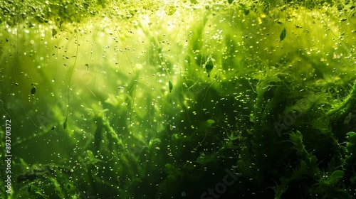 Underwater algal energy production in studio setting with solid backdrop.
