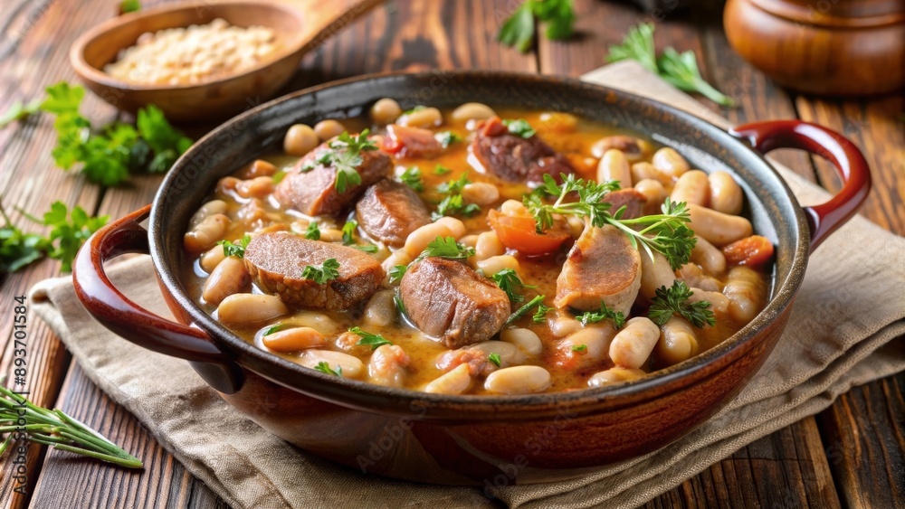 Cassoulet servido en una cazuela de hierro fundido, con salchichas y alubias blancas, decorado con hierbas frescas sobre una mesa rústica. Cocina francesa. Cassoulet servido en una cazuela de hierro fundido, con salchichas y alubias blancas, decorado con hierbas frescas sobre una mesa rústica. Cocina francesa.