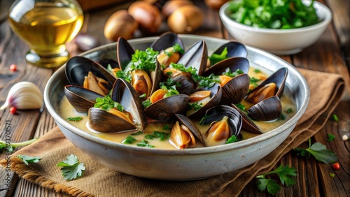 Mejillones a la marinera servidos en un cuenco de cerámica, acompañados de ajo y perejil fresco, sobre una mesa rústica. Cocina francesa tradicional. photo