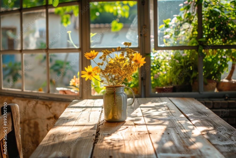 Bouquet of yellow flowers in a vase on a wooden table near the window Bouquet of yellow flowers in a vase on a wooden table near the window