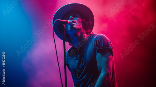 A young man, seemingly in his prime, singing into a microphone. He wears a dark-colored t-shirt and a wide-brimmed hat. The background is vibrant, transitioning from a deep blue at the top