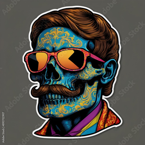 A strikingly detailed pop art sticker of a skull adorned with a handlebar mustache and a stylish posh undercut haircut against a solid black background.
