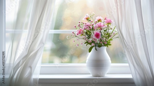 Flower on windowsill in white vase with tulle curtains photo