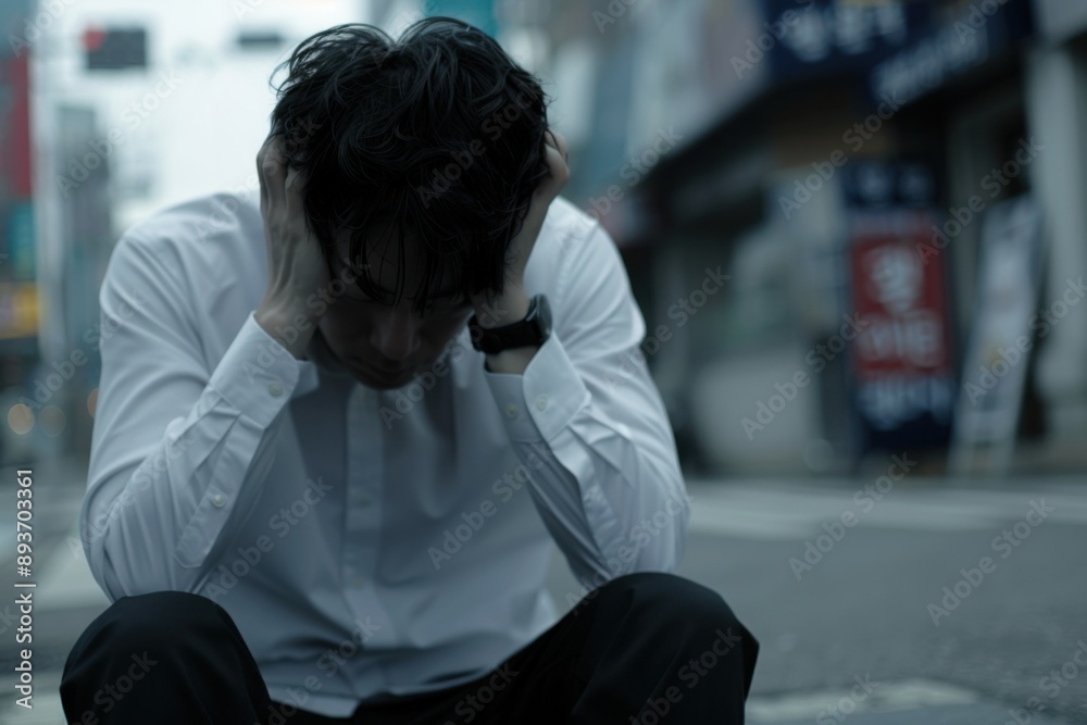 Obraz premium Man in Distress Sitting on Urban Street