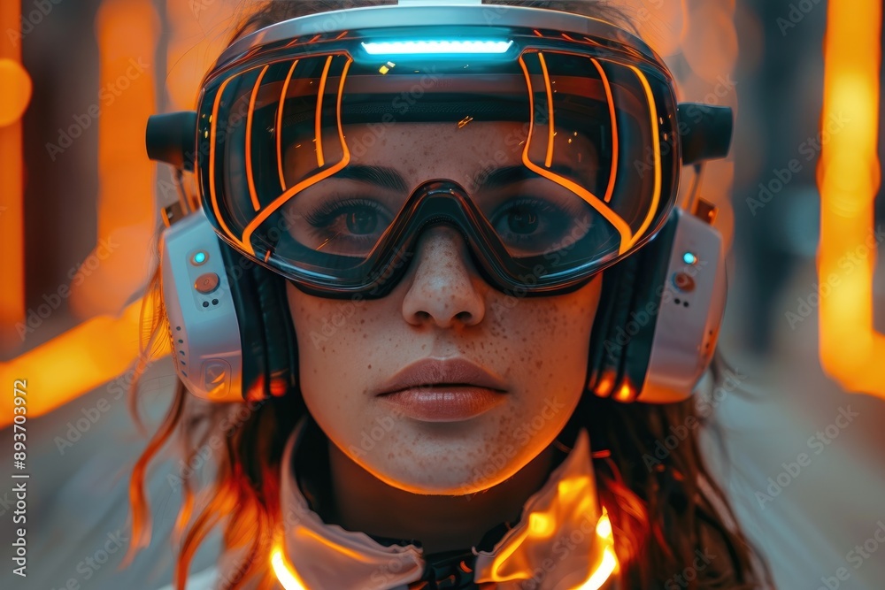 Close-up of a woman wearing futuristic goggles and headphones, illuminated by neon lights, blending technology and fashion. Close-up of a woman wearing futuristic goggles and headphones, illuminated by neon lights, blending technology and fashion.