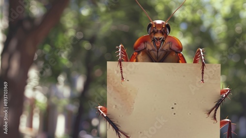 A cockroache holds an empty poster to place an advertisement. photo