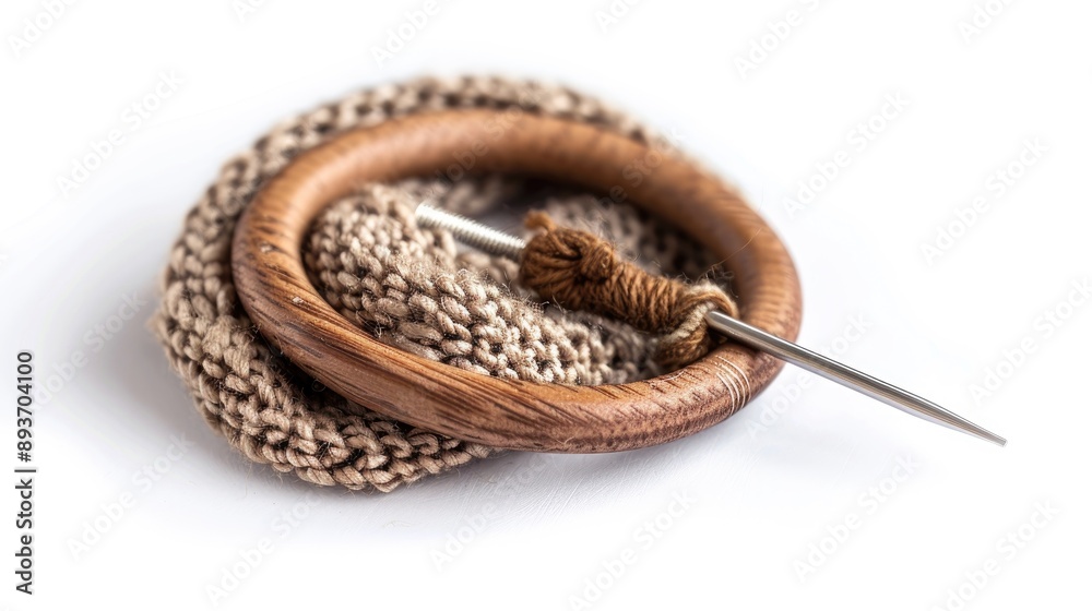 Fototapeta premium Needle and wooden embroidery ring on white background