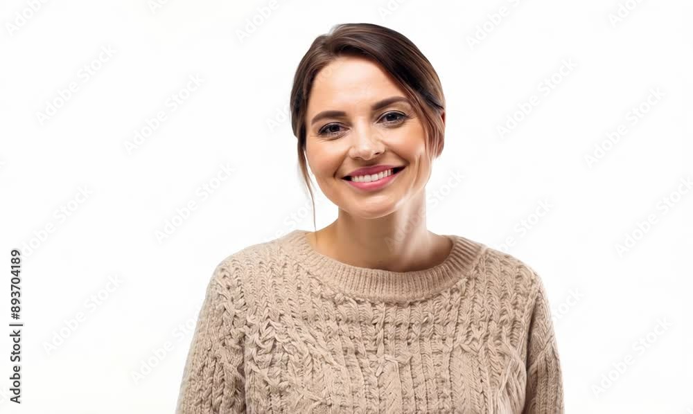 Portrait of smiling woman in sweater looking at camera over white background Portrait of smiling woman in sweater looking at camera over white background