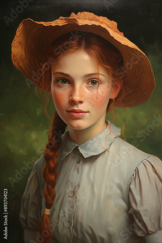 vintage oil painting portrait of girl with straw hat photo