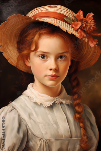 vintage portrait of redhead girl with braids and straw hat