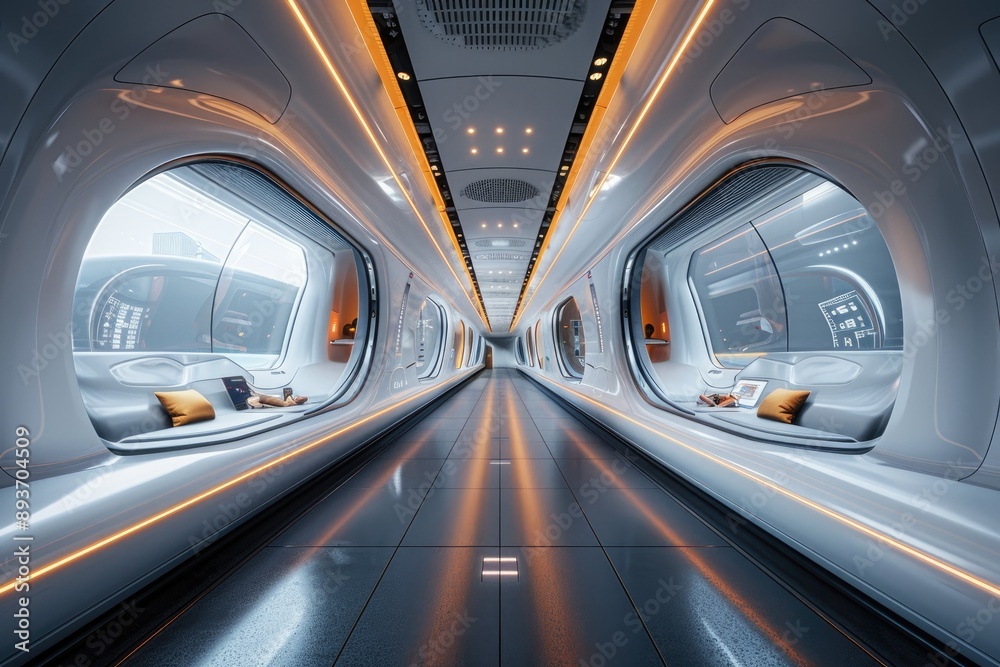 Futuristic train interior with sleek design and advanced technology, showcasing modern transportation innovation and comfort. Futuristic train interior with sleek design and advanced technology, showcasing modern transportation innovation and comfort.