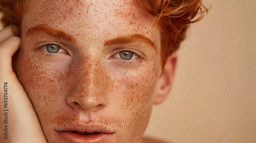 A close-up portrait of a person with freckles and red hair A close-up portrait of a person with freckles and red hair