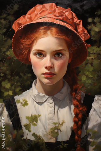 portrait of young red-haired woman in orange hat photo